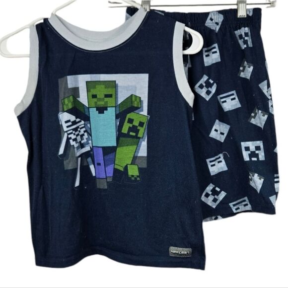 Minecraft Kids Sleep Set Navy Boys Short Pajamas Knit Matching PJs Summer Tank - Picture 1 of 7